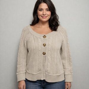 Eddie Bauer Chunky Knit Cardigan Cream Cable Knit Button Front Sweater Size XL